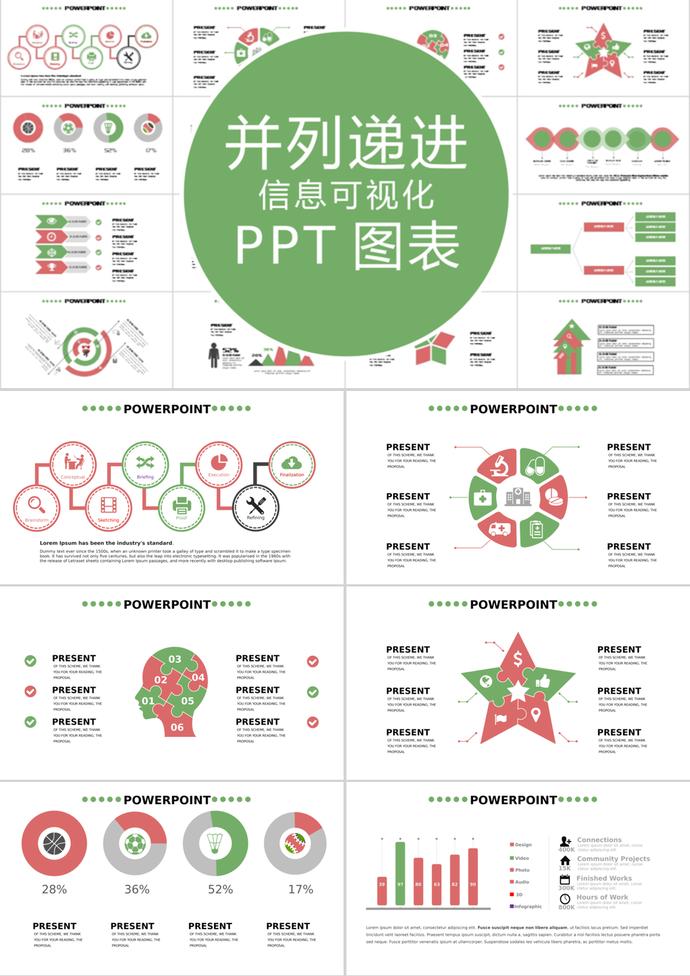 綠色清新風(fēng)并列遞進信息可視化PPT圖表