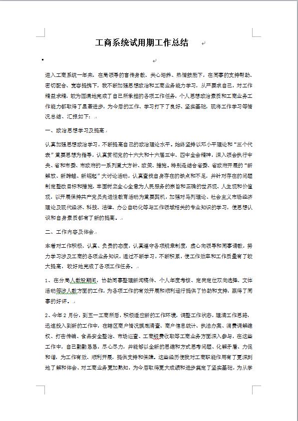 工商試用期工作總結