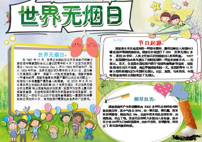 精美綠色主題世界無煙日手抄報