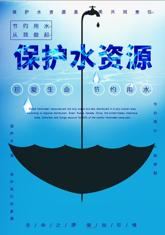 藍色特色藝術字節約用水公益海報