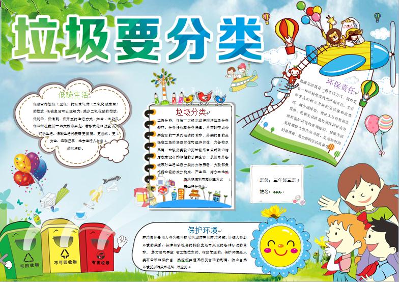 卡通可愛色彩鮮艷垃圾要分類手抄報