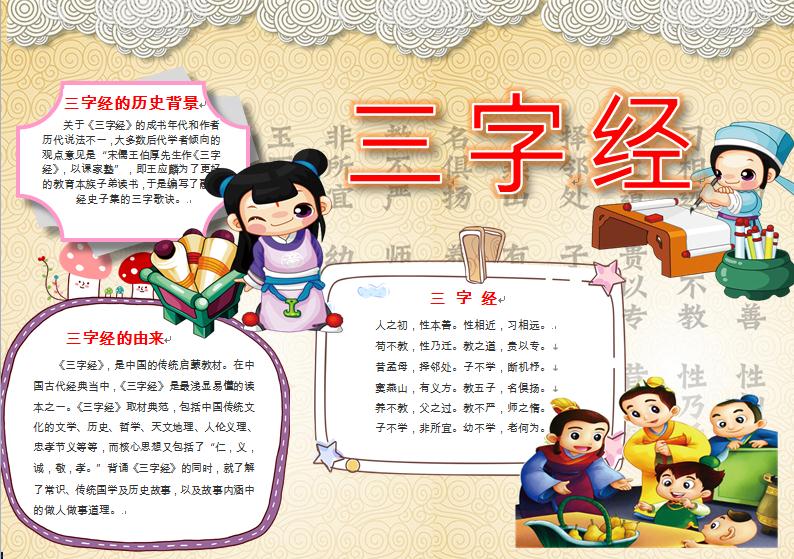 卡通可愛人物三字經手抄報含空白模板