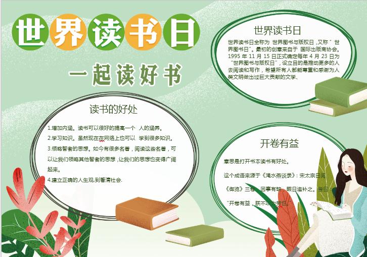 簡約清新世界讀書日word小報