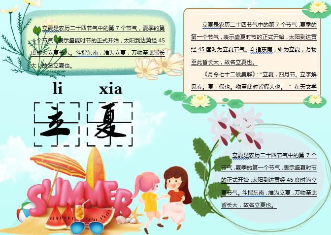 水藍清新立夏主題小報Word模板
