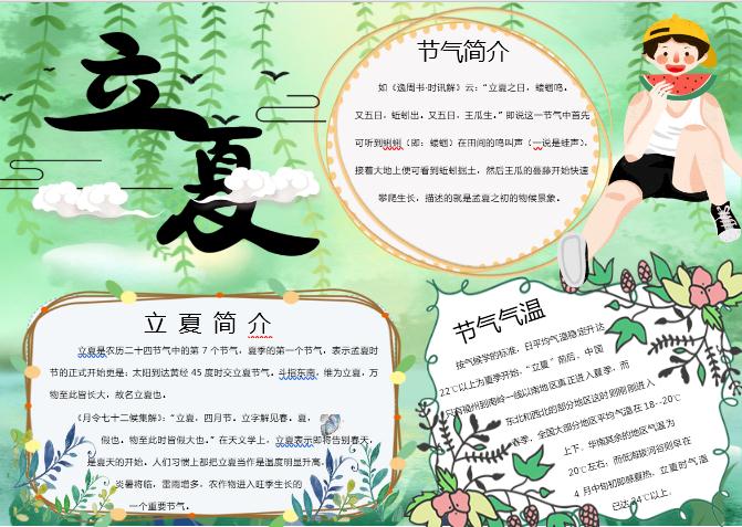 綠意清新立夏手抄報Word模板