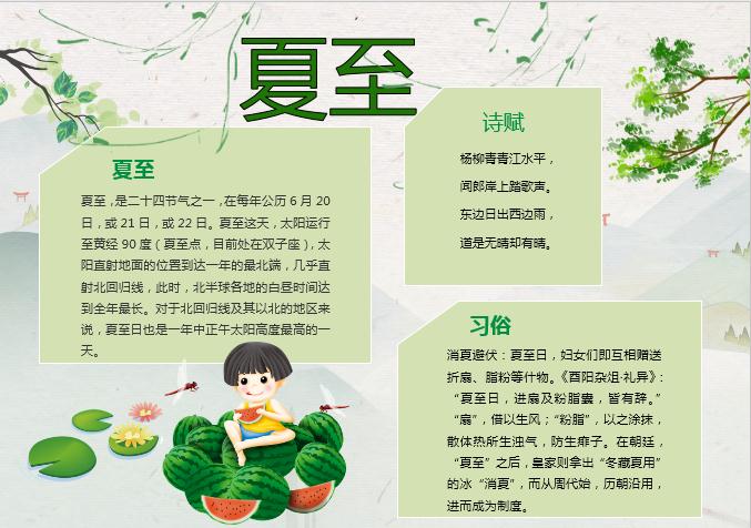 西瓜簡約夏至手抄報Word模板