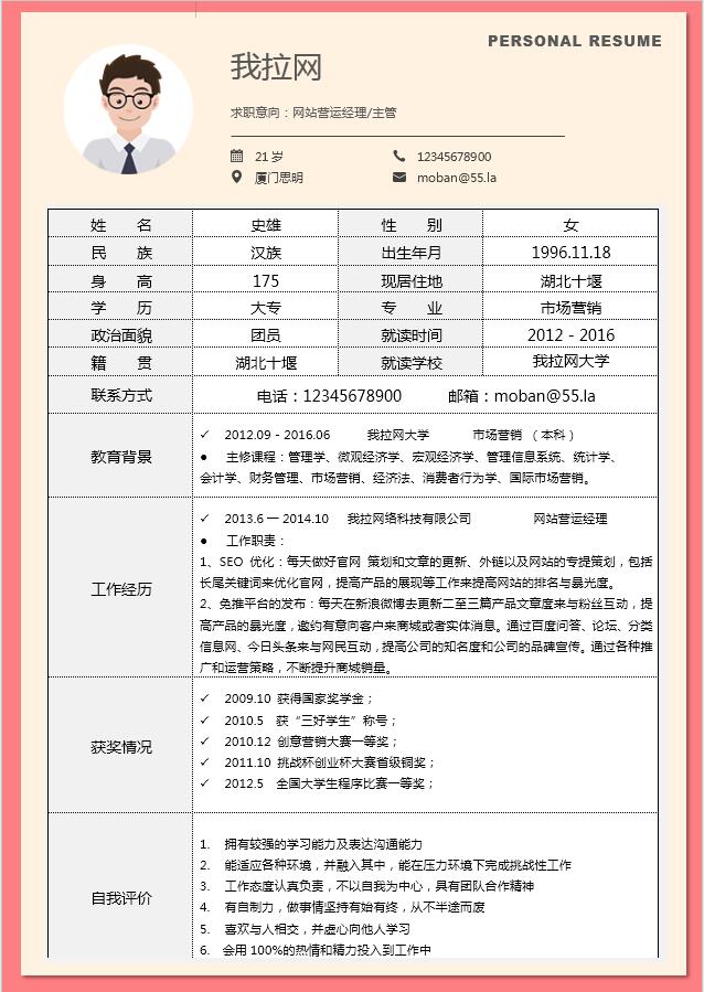 桃紅色表格風網站運營經理簡歷模板
