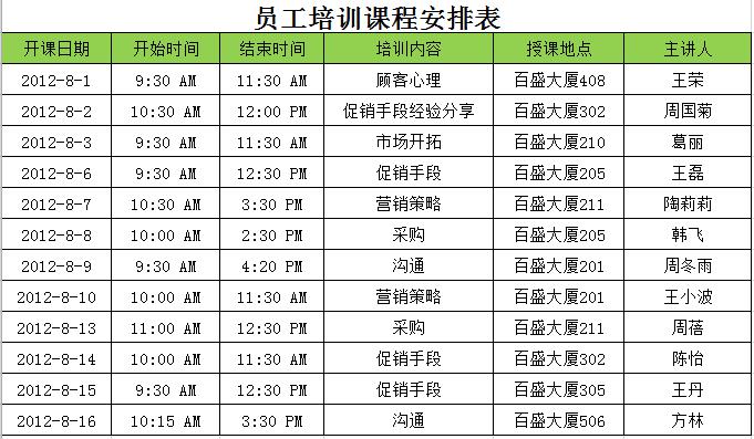員工培訓課程安排表
