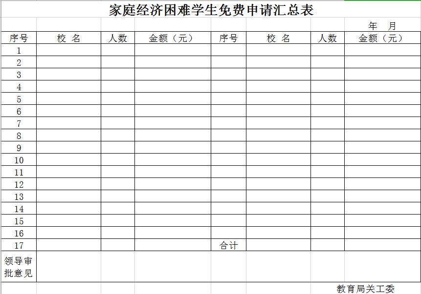 家庭經濟困難學生免費申請匯總表