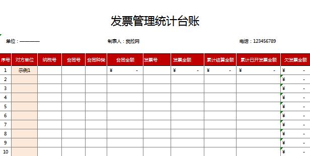 發(fā)票管理統(tǒng)計臺賬excel表格
