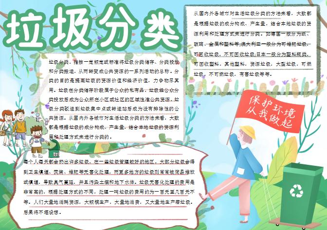 青綠簡約卡通風垃圾分類手抄報Word模板