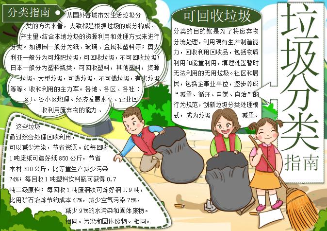 可愛卡通綠色垃圾分類手抄報word模板