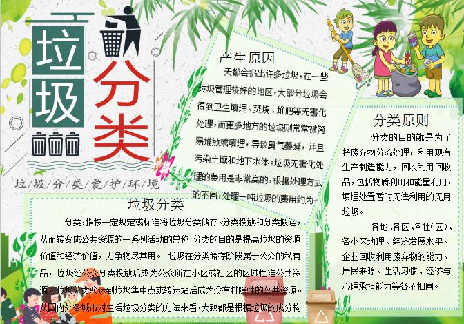 清新可愛卡通風垃圾分類word手抄報