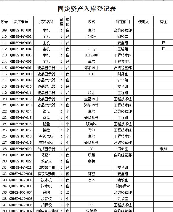 固定資產入庫登記表excel模板
