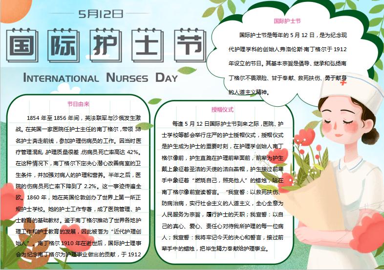 天藍簡約大氣風護士節清新卡通手抄報模板