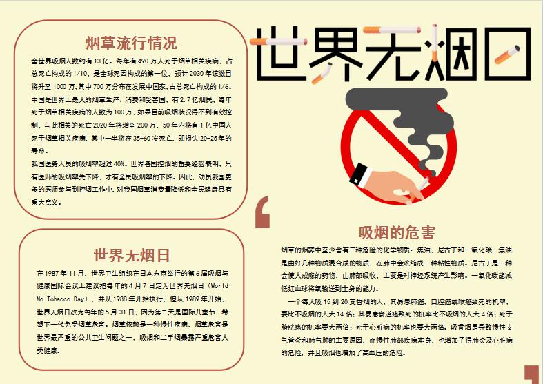 黃色世界無煙日禁煙Word手抄報模板(6)