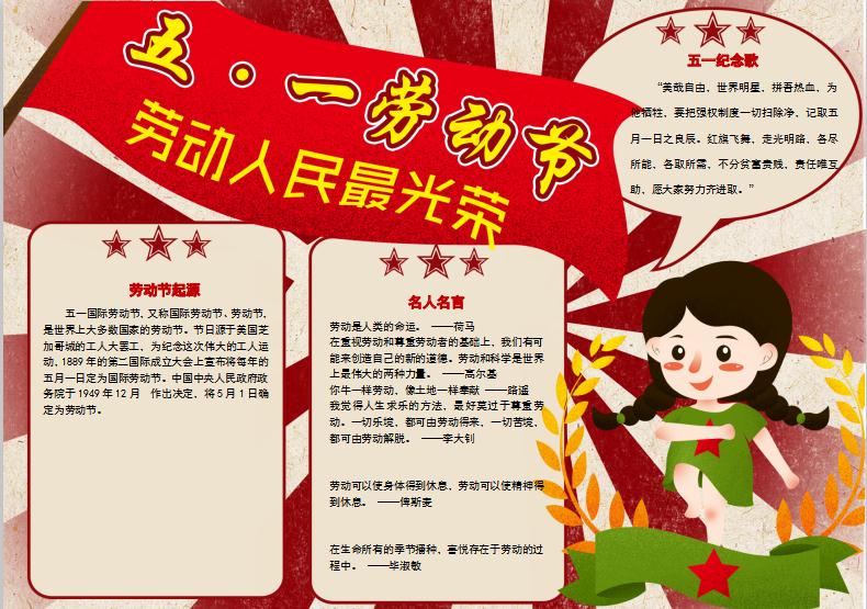 紅軍卡通五一勞動節手抄報Word模板