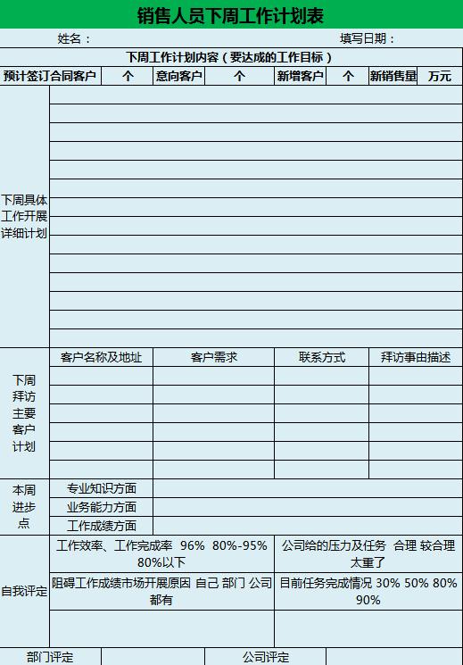 銷售人員工作計劃表excel表格模板