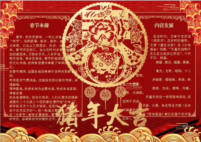 大紅剪紙豬年小報Word模板