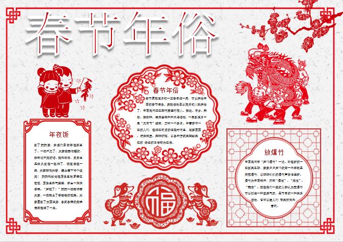 剪紙春節年俗小報手抄報Word模板