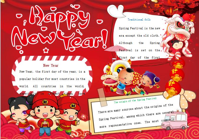 紅色春節(jié)新年英語小報手抄報Word模板