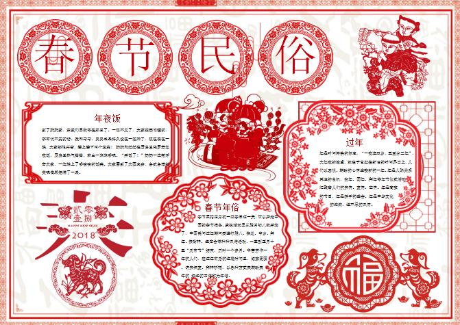 紅色春節民俗小報手抄報Word模板