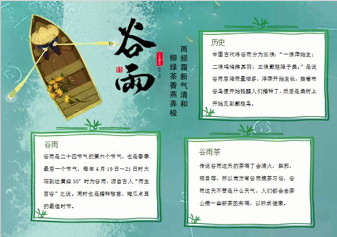 插畫綠色谷雨節氣小報word模板