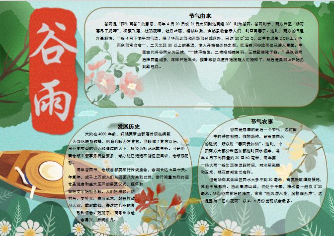 青色水彩谷雨節氣小報Word模板
