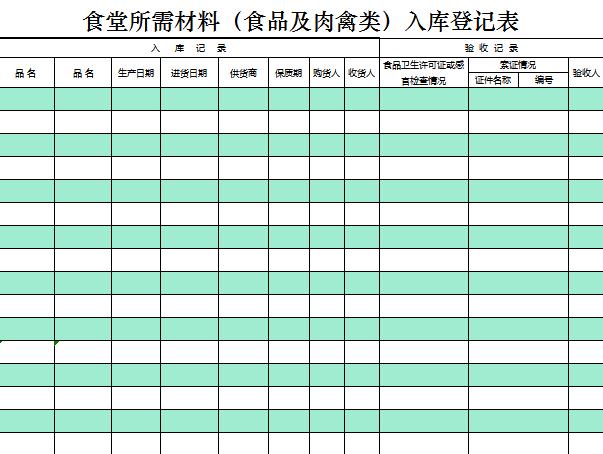 食堂所需材料入庫登記表excel模板