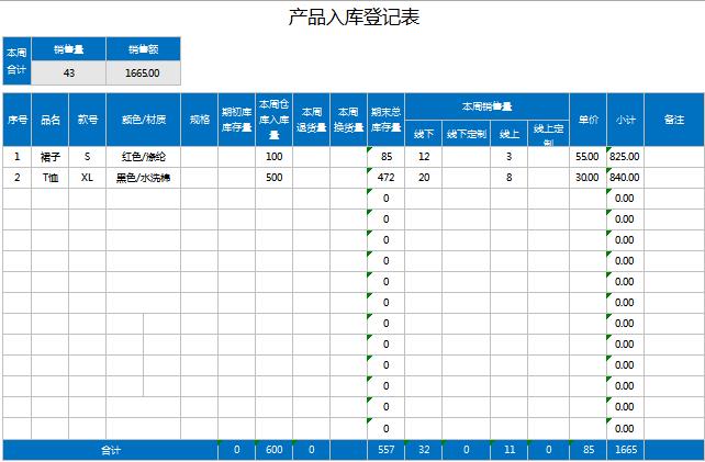產(chǎn)品入庫登記表excel模板