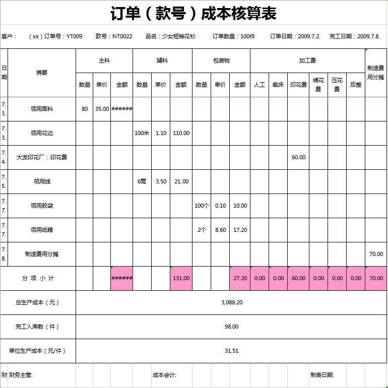 訂單成本核算表excel模板