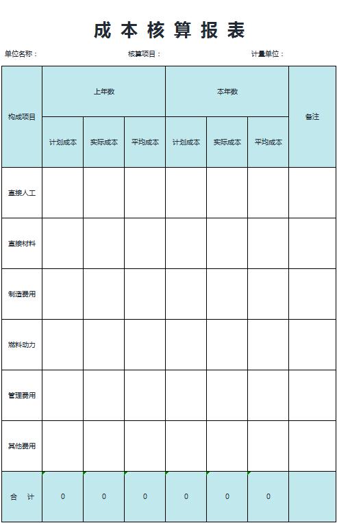 成本核算報表excel模板