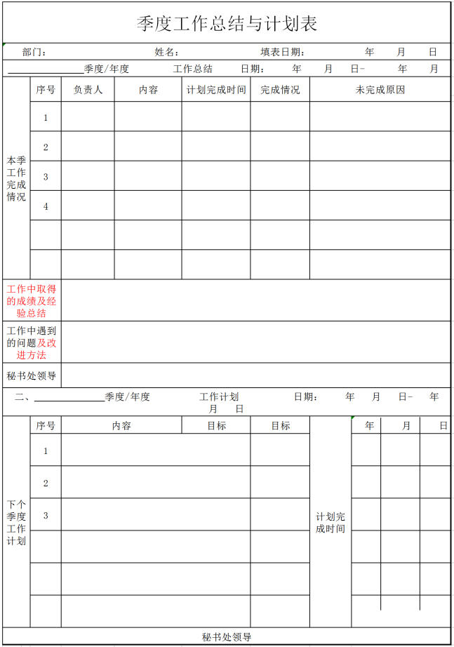 季度工作總結與計劃表excel模板