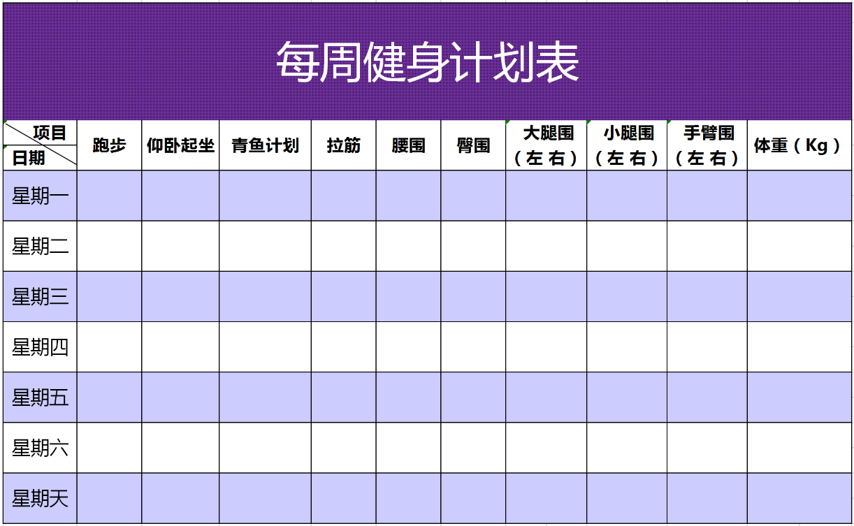 周健身計劃表excel模板
