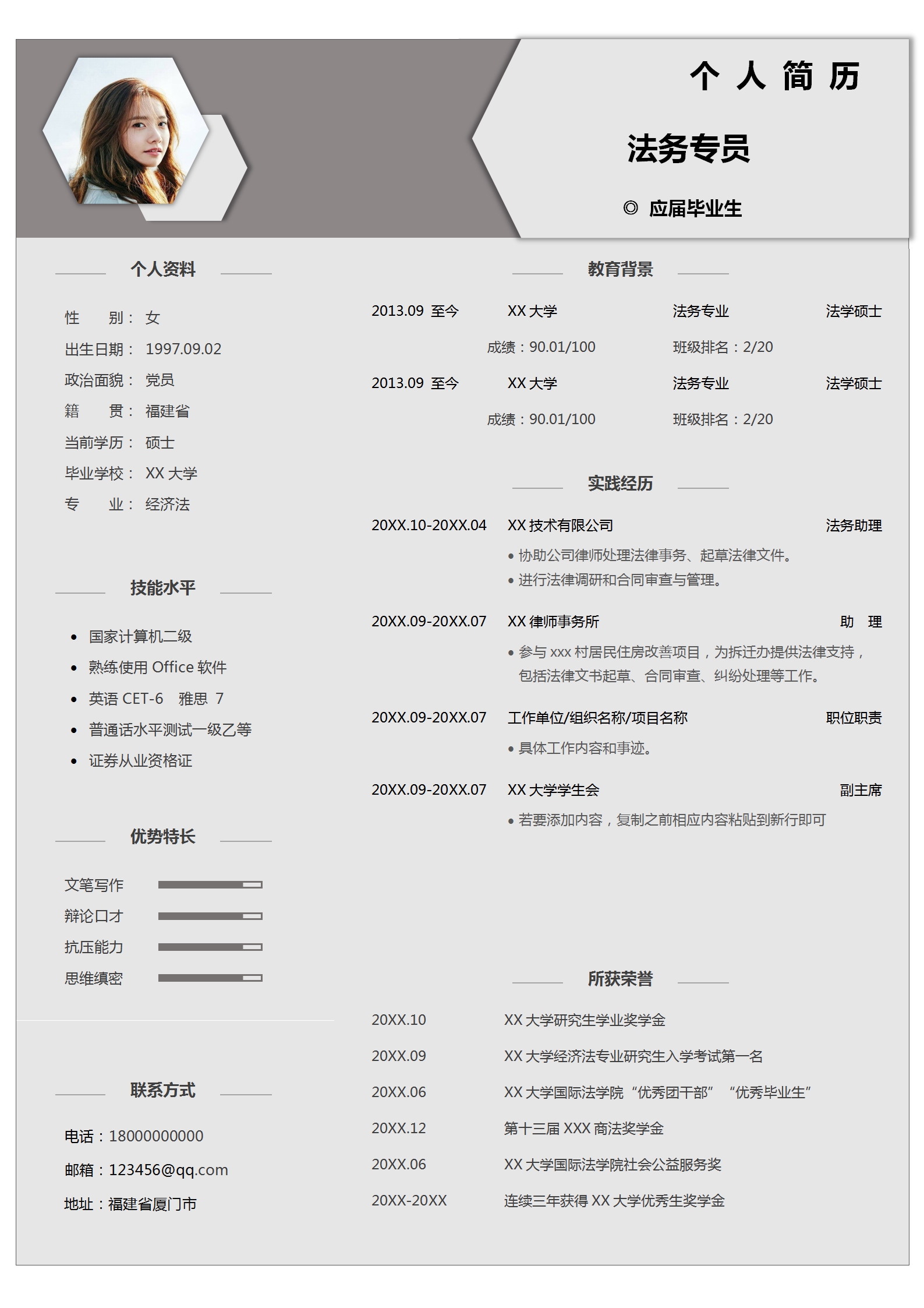 法務專員應屆畢業個人求職簡歷模板