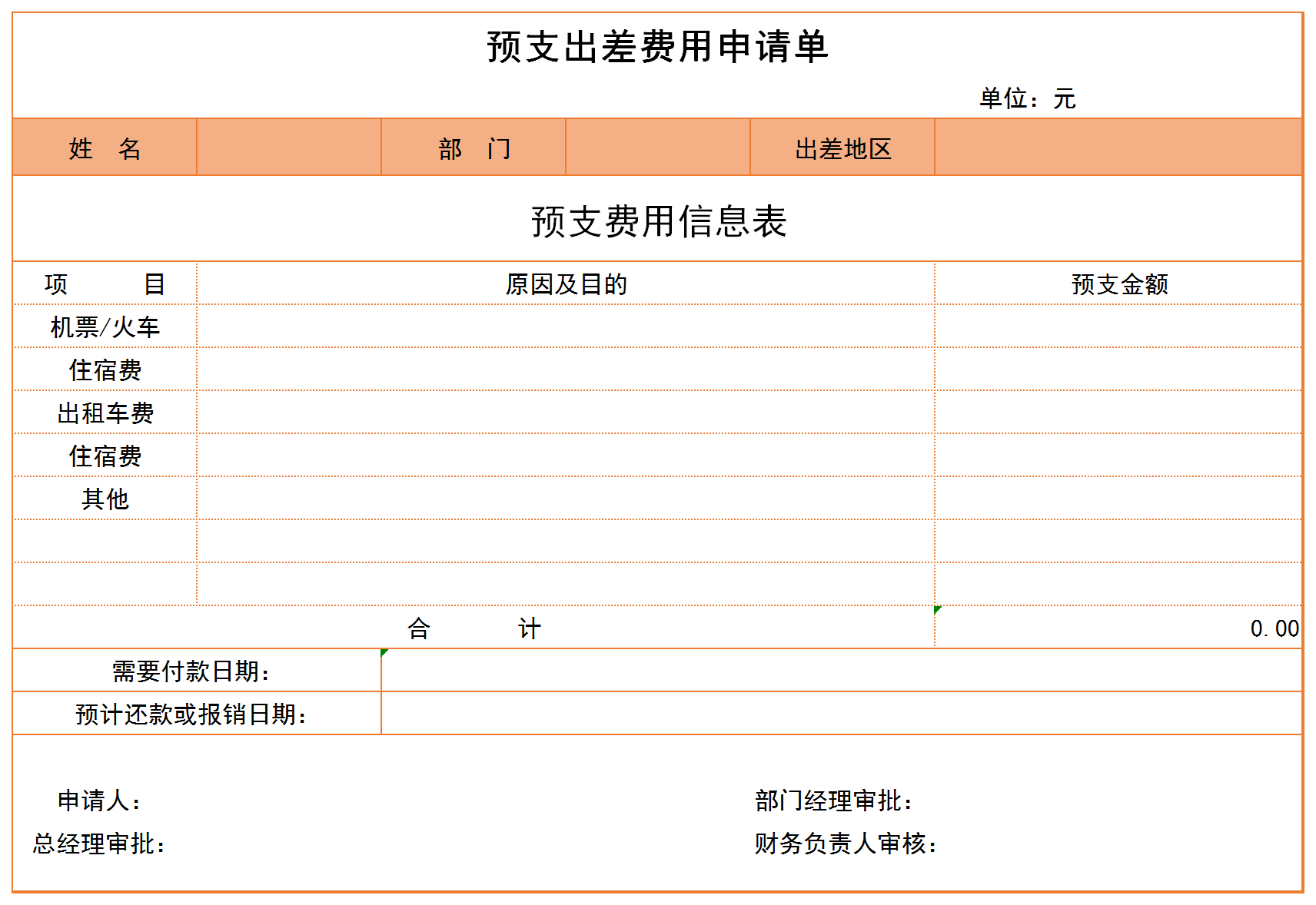 預支出差費用申請單表格模板