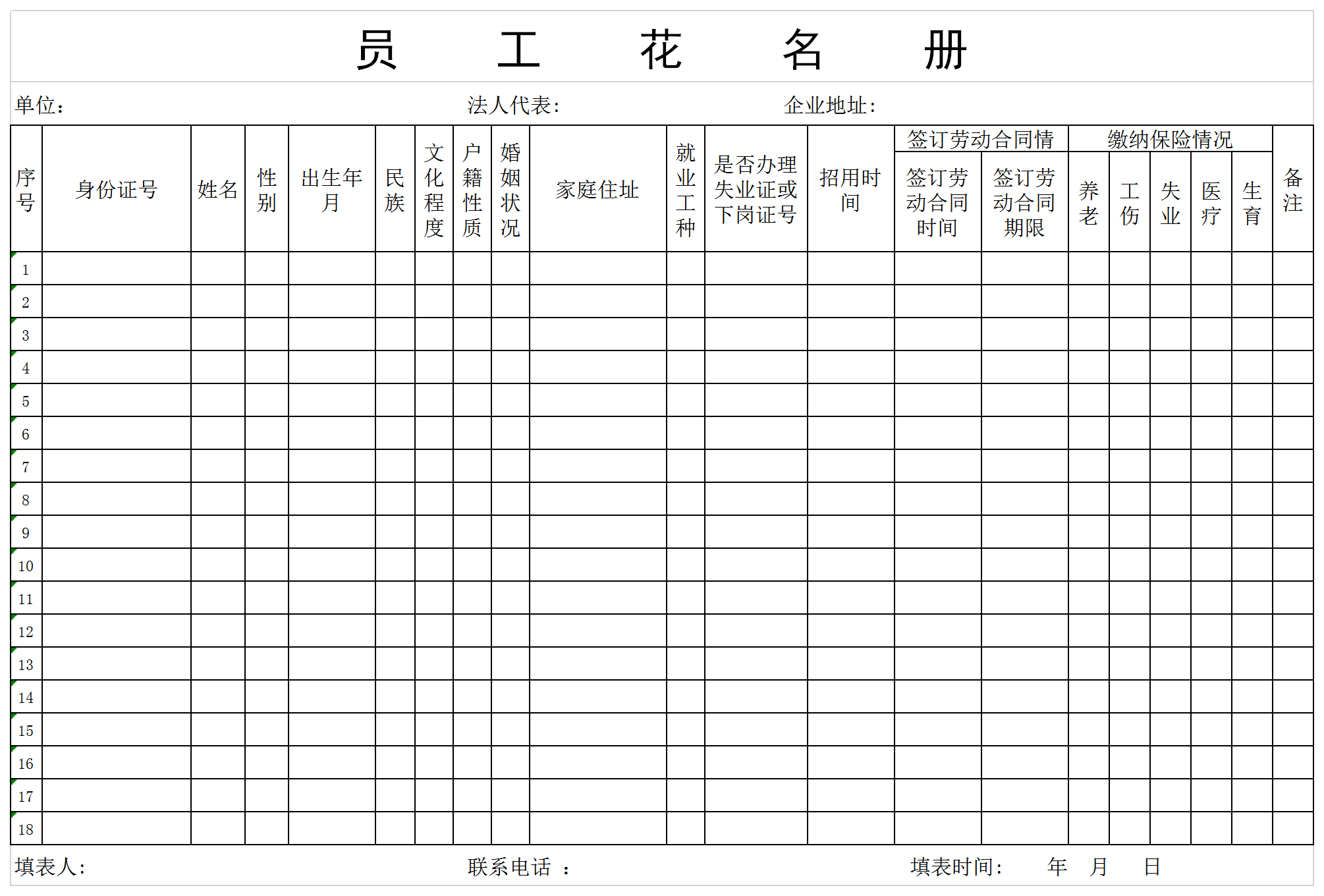 企業員工花名冊Excel模板