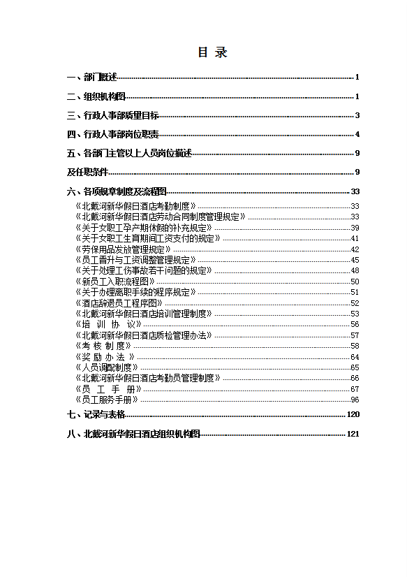 酒店行政人事部規章制度