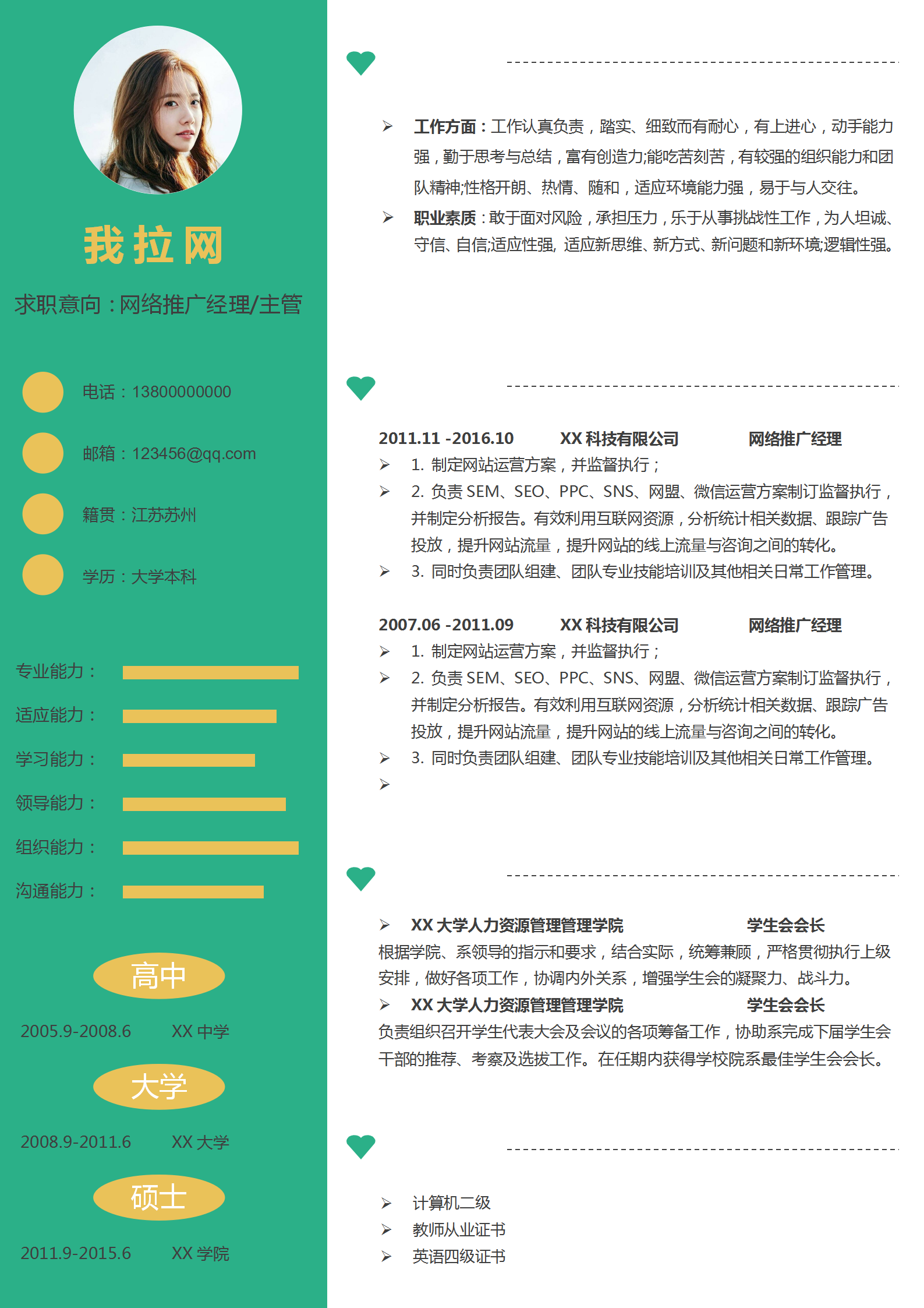 綠色拼接網(wǎng)絡(luò)推廣經(jīng)理主管簡歷