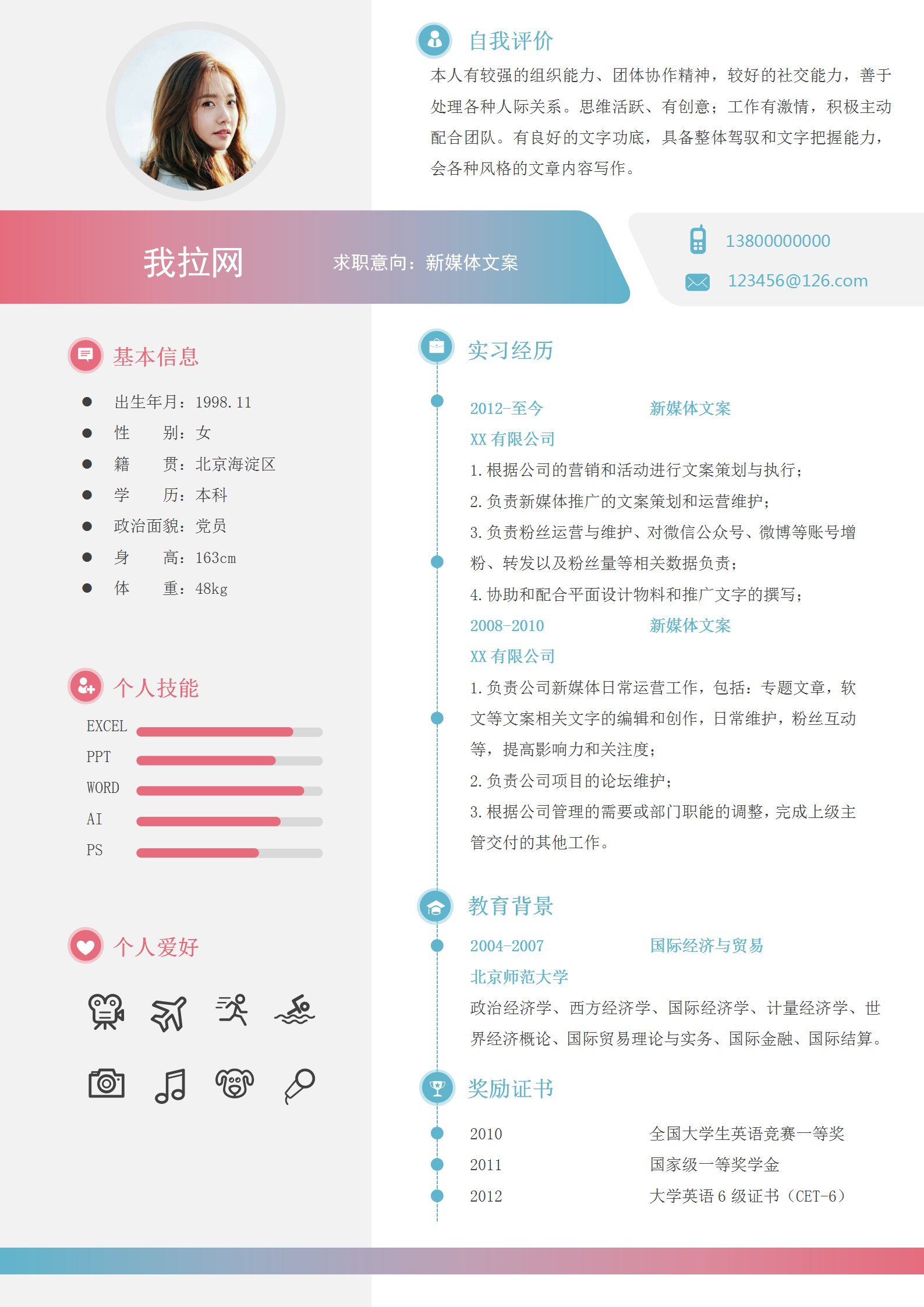 創意小清新新媒體文案個人簡歷