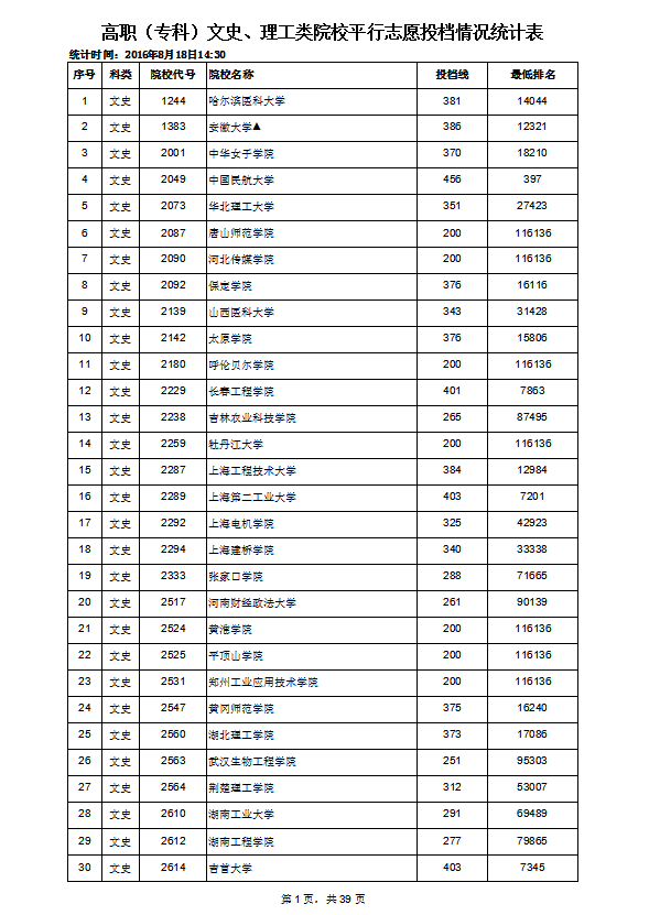 高職專科文史理工類院校平行志愿投檔情況統計表Excel模板
