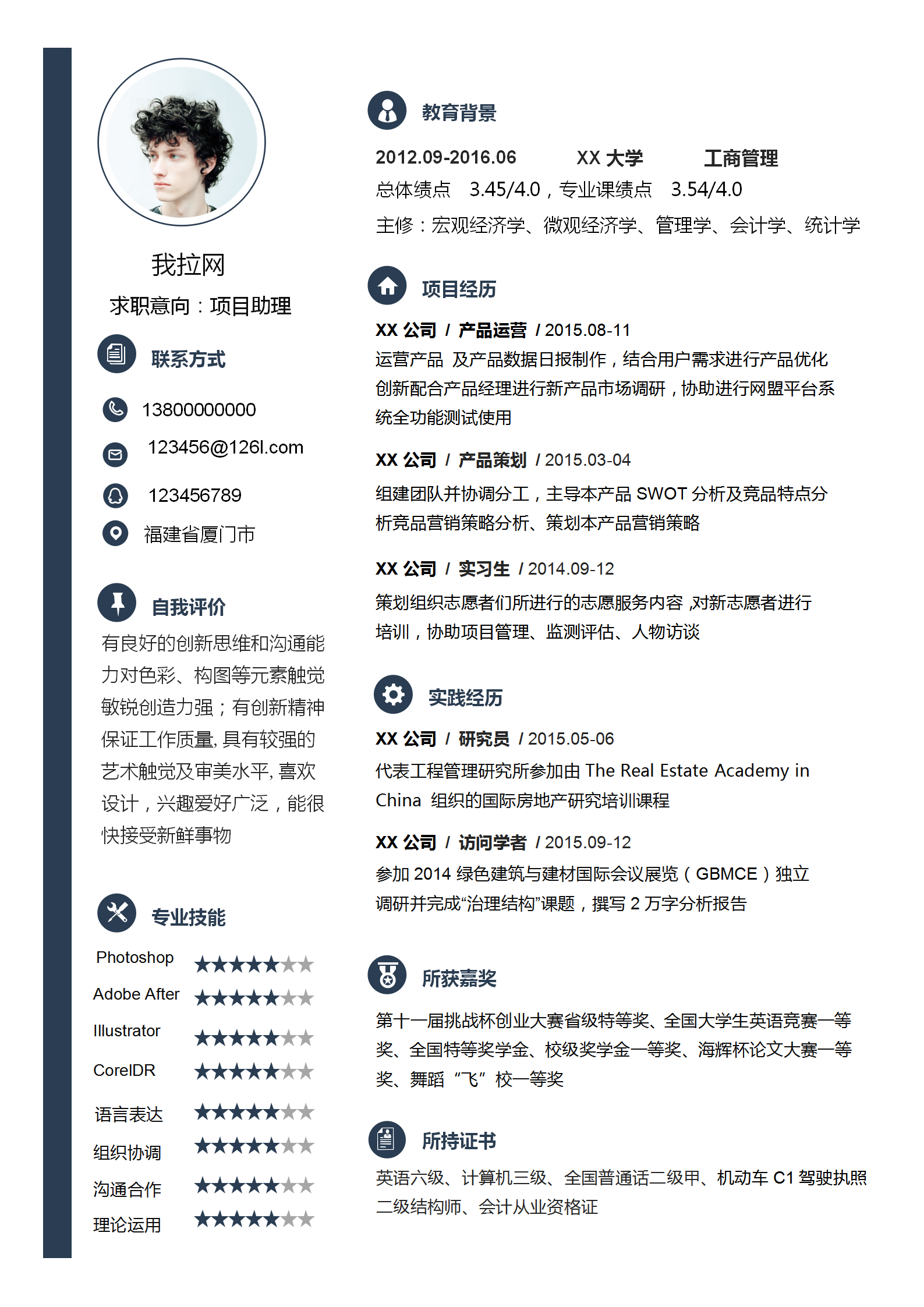經典簡約項目助理簡歷word模板