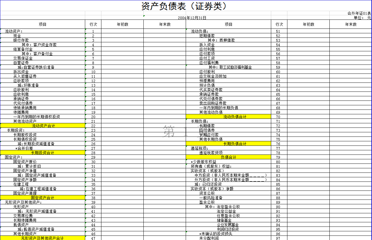 證券類外商投資企業會計報表Excel模板