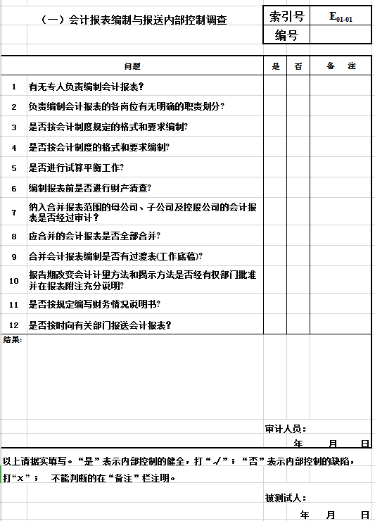 會計報表編制與內部控制調查表Excel模板