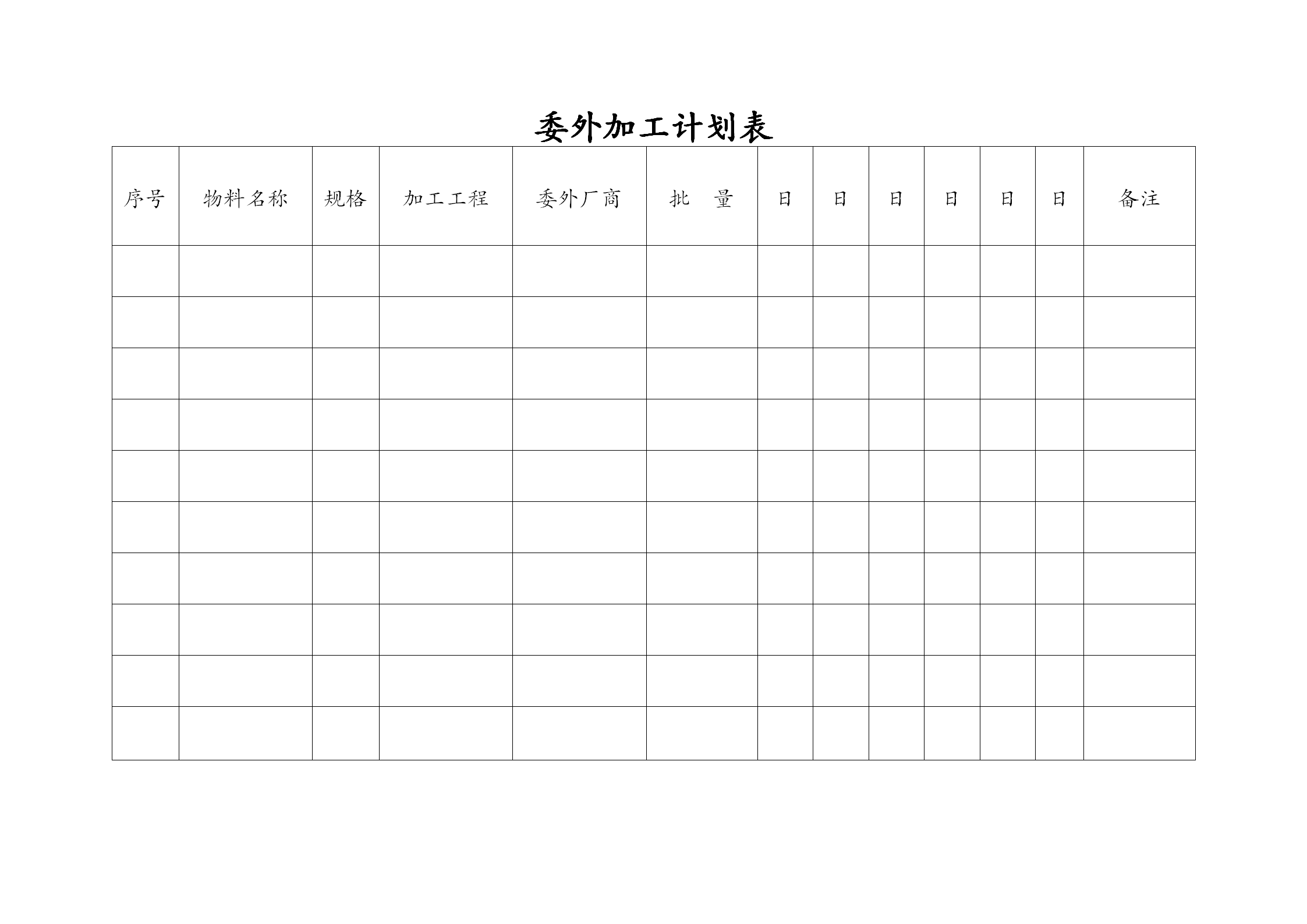 工廠委外加工計劃表word模板
