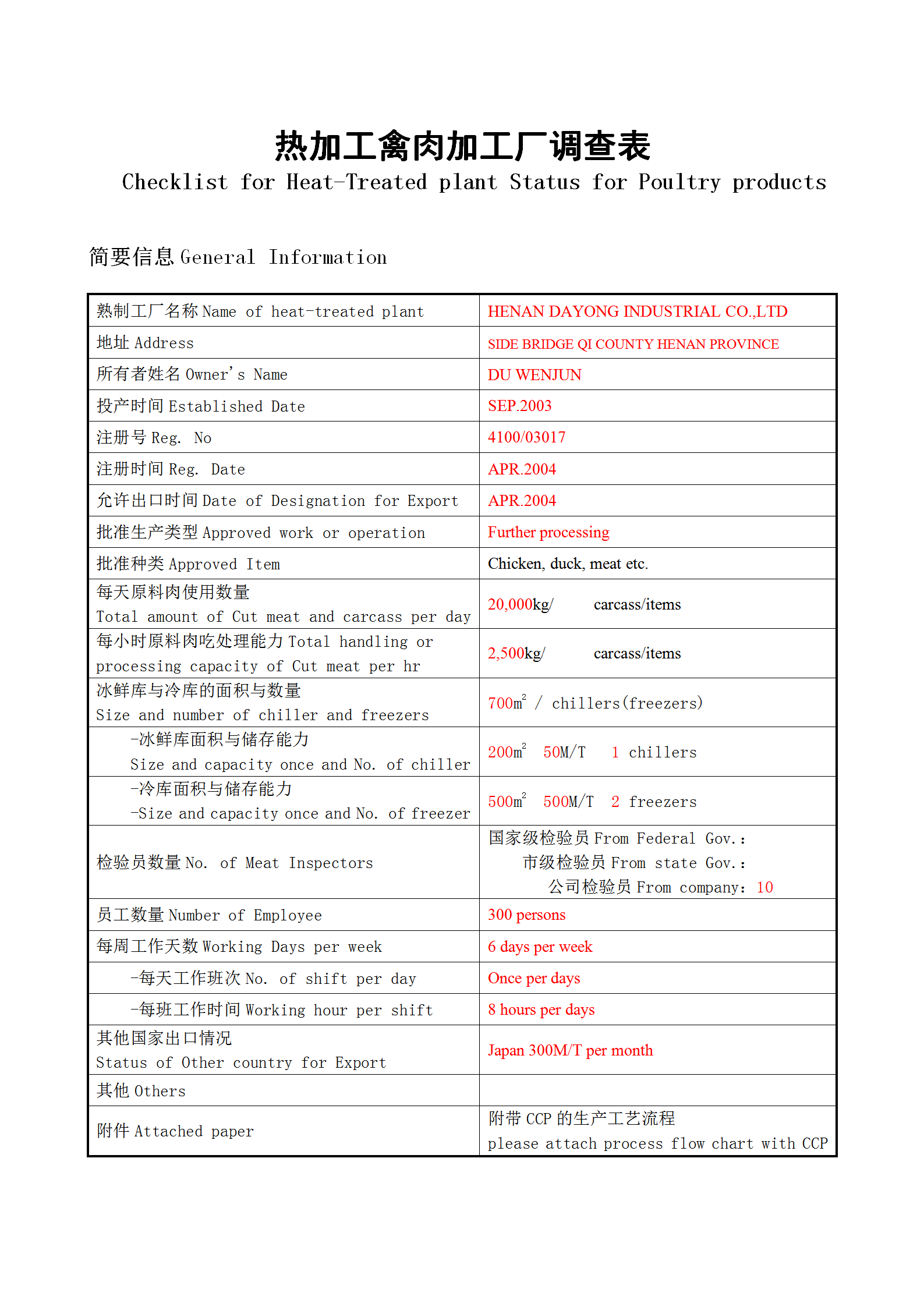 熱加工禽肉加工廠調查表word模板