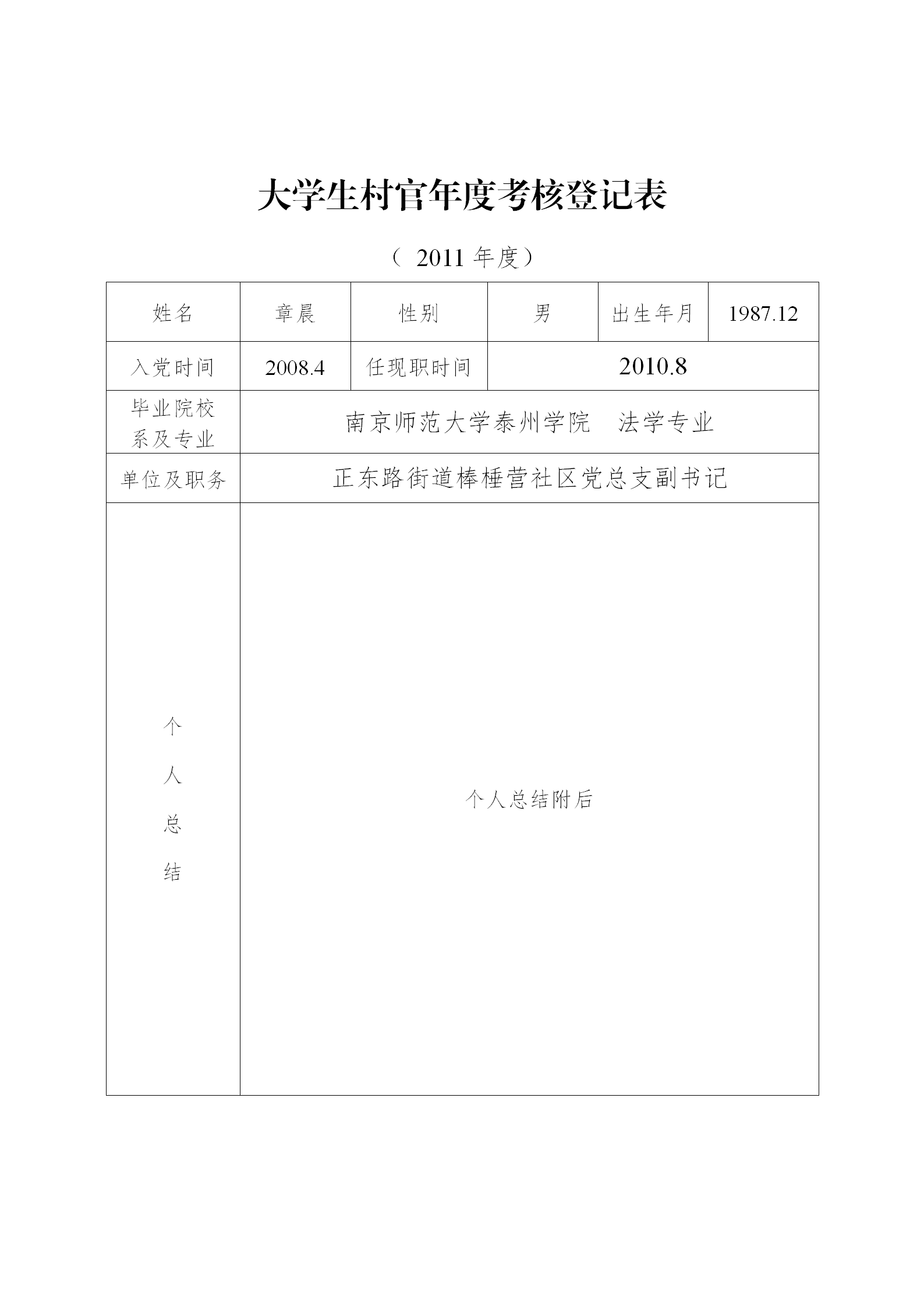 大學(xué)生村官年度考核登記表匯編word模板