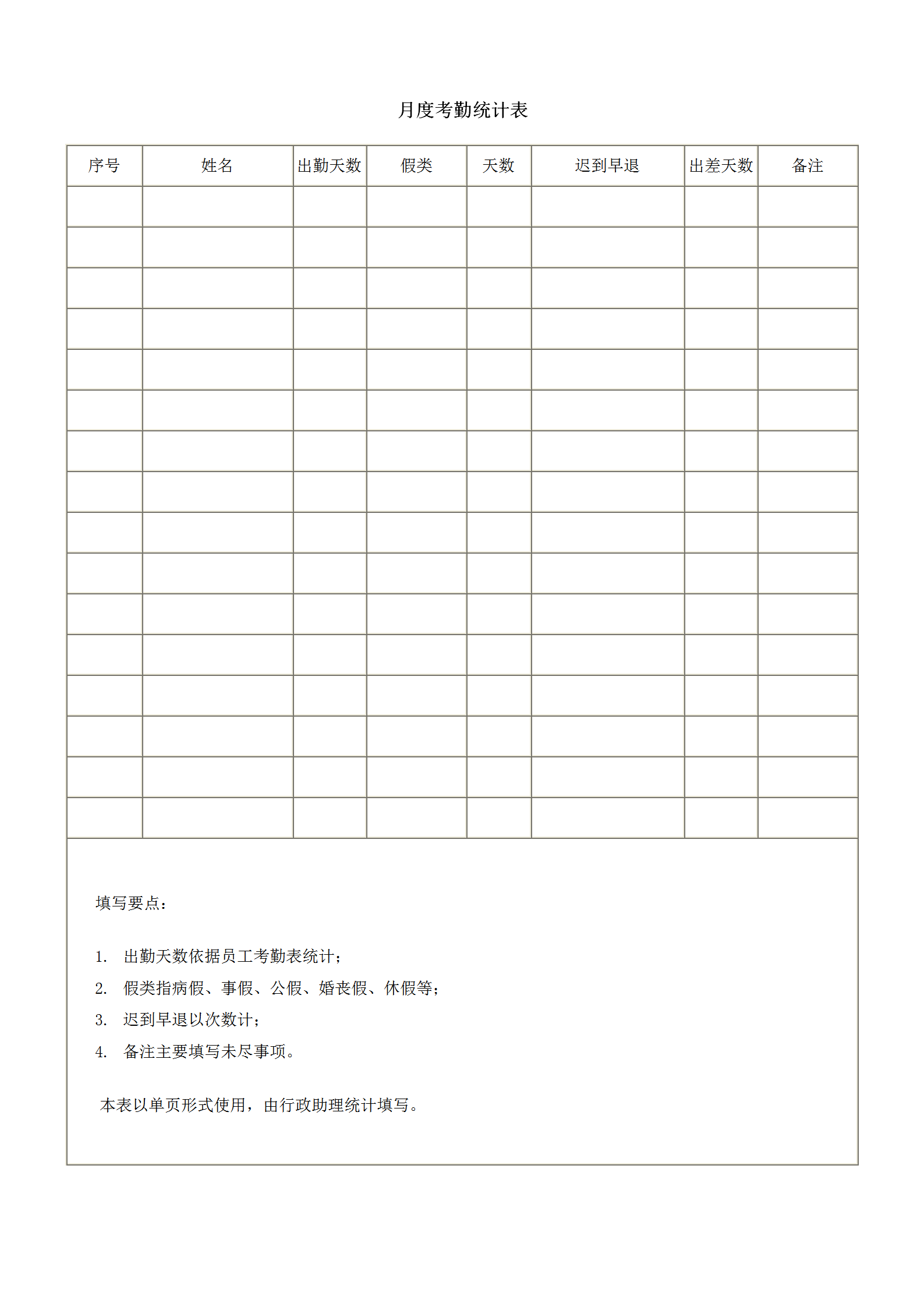 公司考勤統計報表word模板