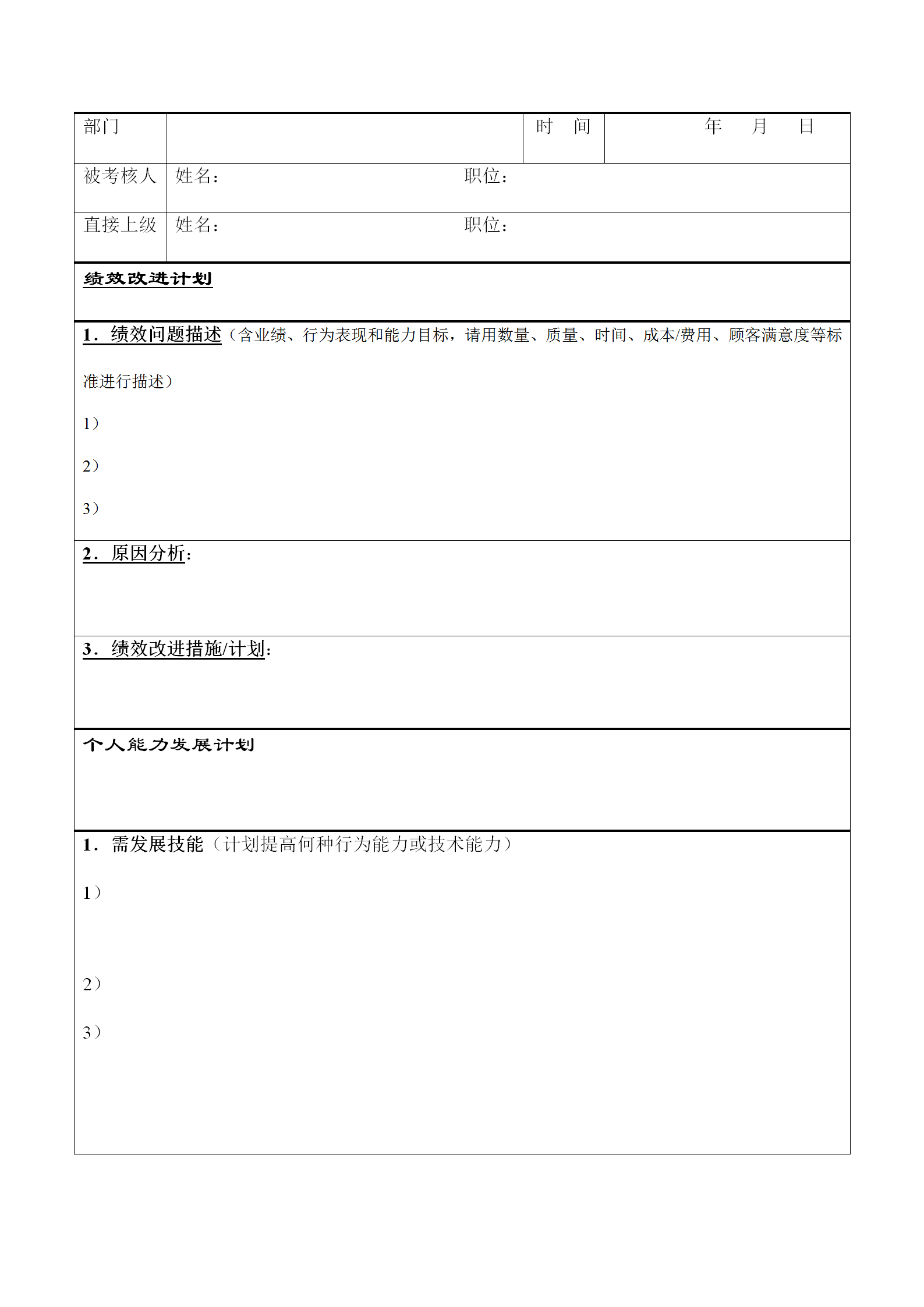 績效改進(jìn)計(jì)劃表單word模板