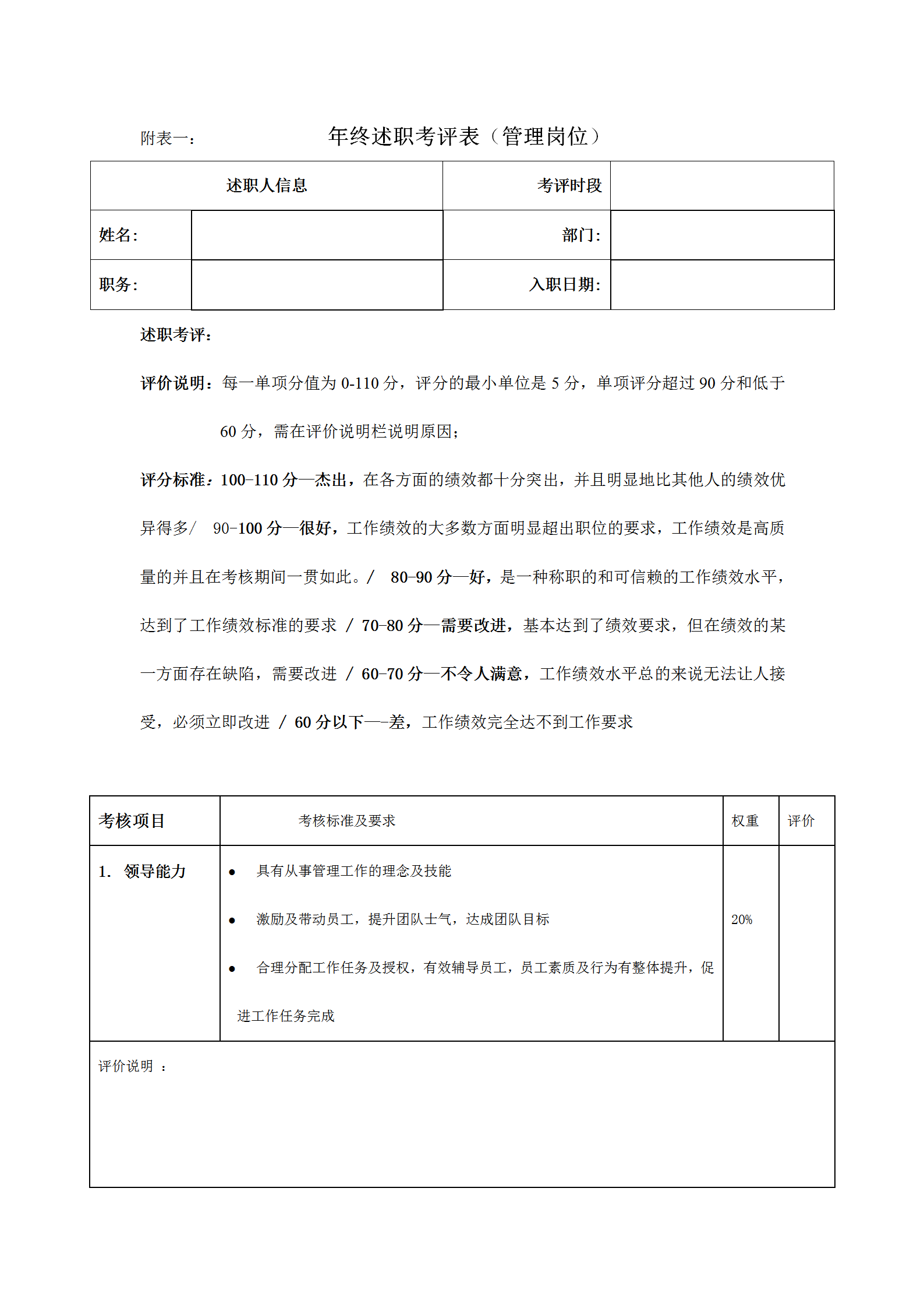 公司年終述職考評表word模板